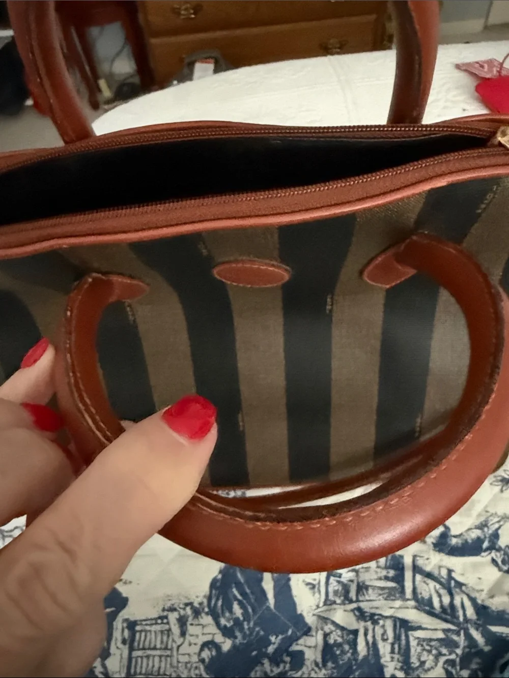 Fendi Women’s Striped Dome Satchel in Brown and Black with Tan Handles